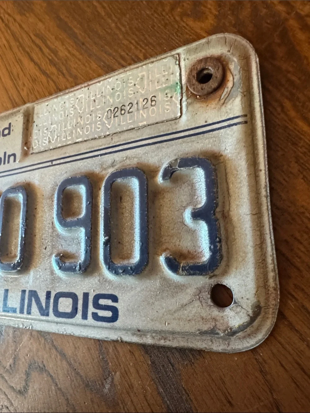 Vintage Illinois Land of Lincoln steel Motorcycle License Plate White and Blue